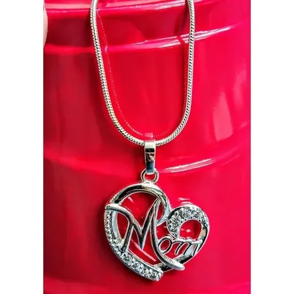 Mom Mother Sterling Silver 925 Heart Gem Pendant on Snake Rope Chain Necklace - Picture 2 of 14